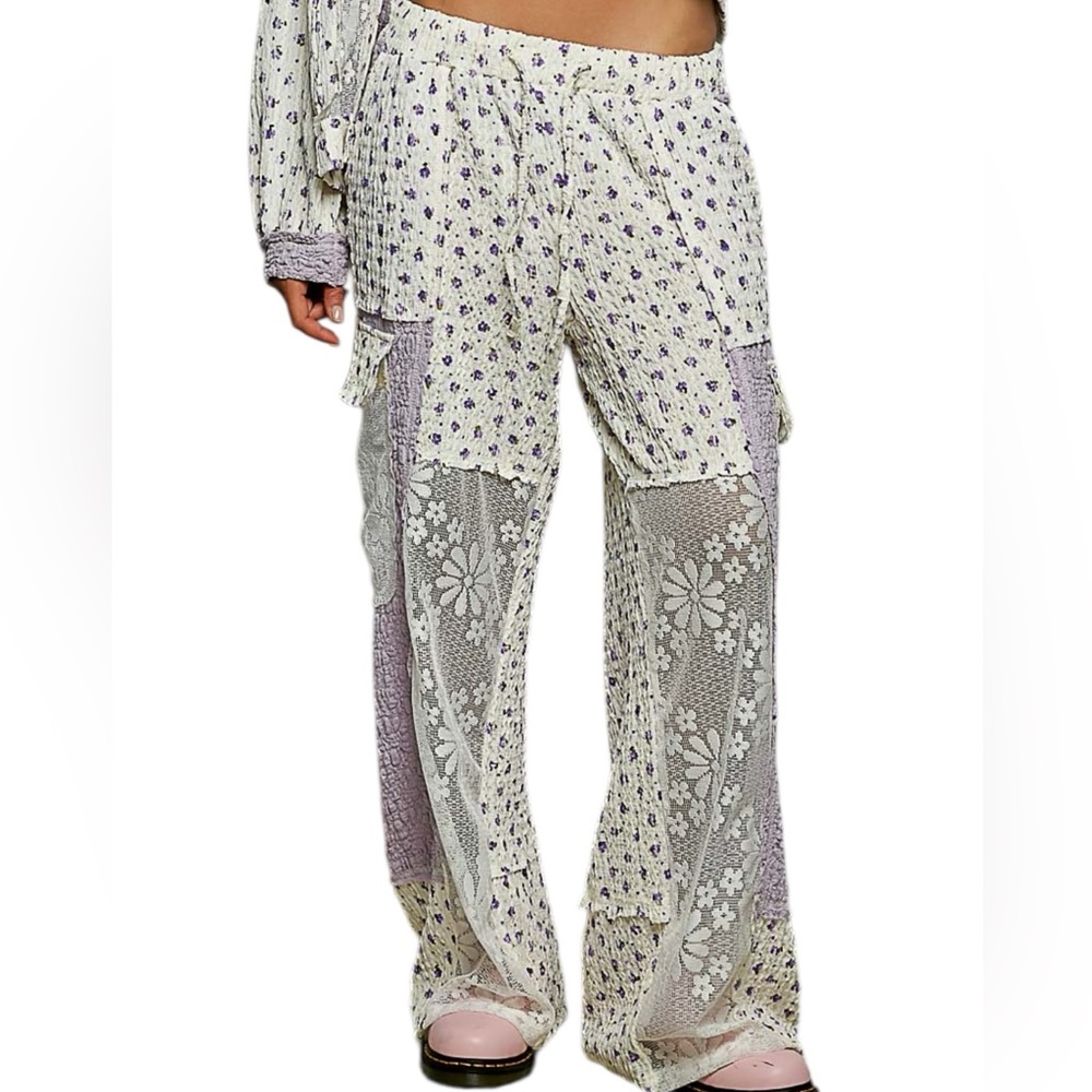 POL Cream and Lavender Patchwork Lace Wide-Leg Pants